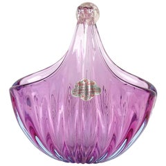 Alfredo Barbini Murano Purple Gold Flecks Italian Art Glass Flower Basket Vase