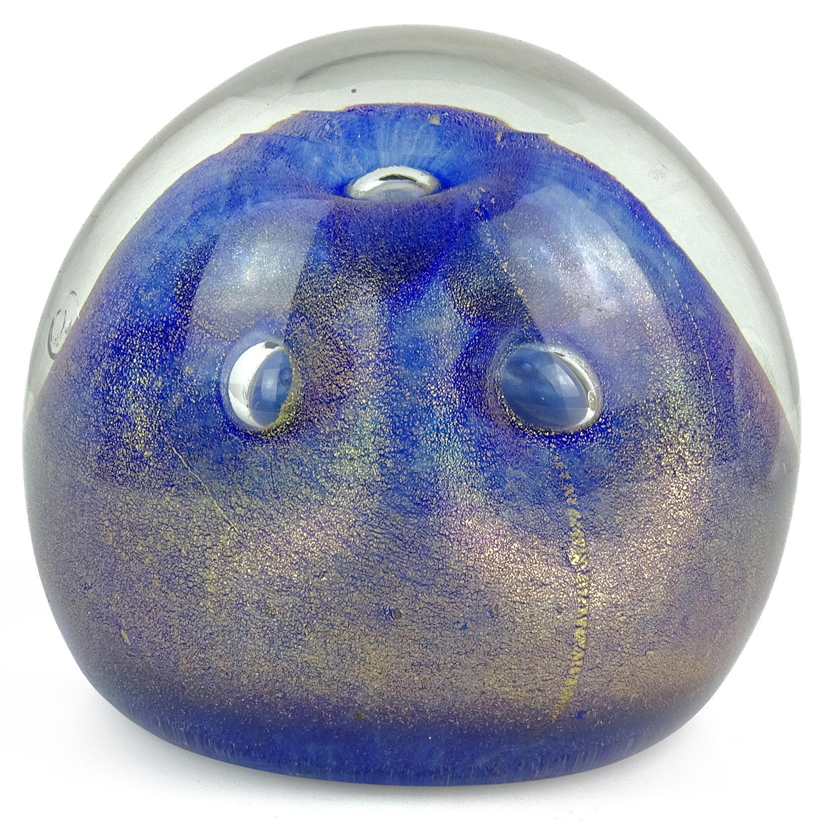 Hand-Crafted Alfredo Barbini Murano Red Blue Gold Flecks Italian Art Glass Paperweights For Sale