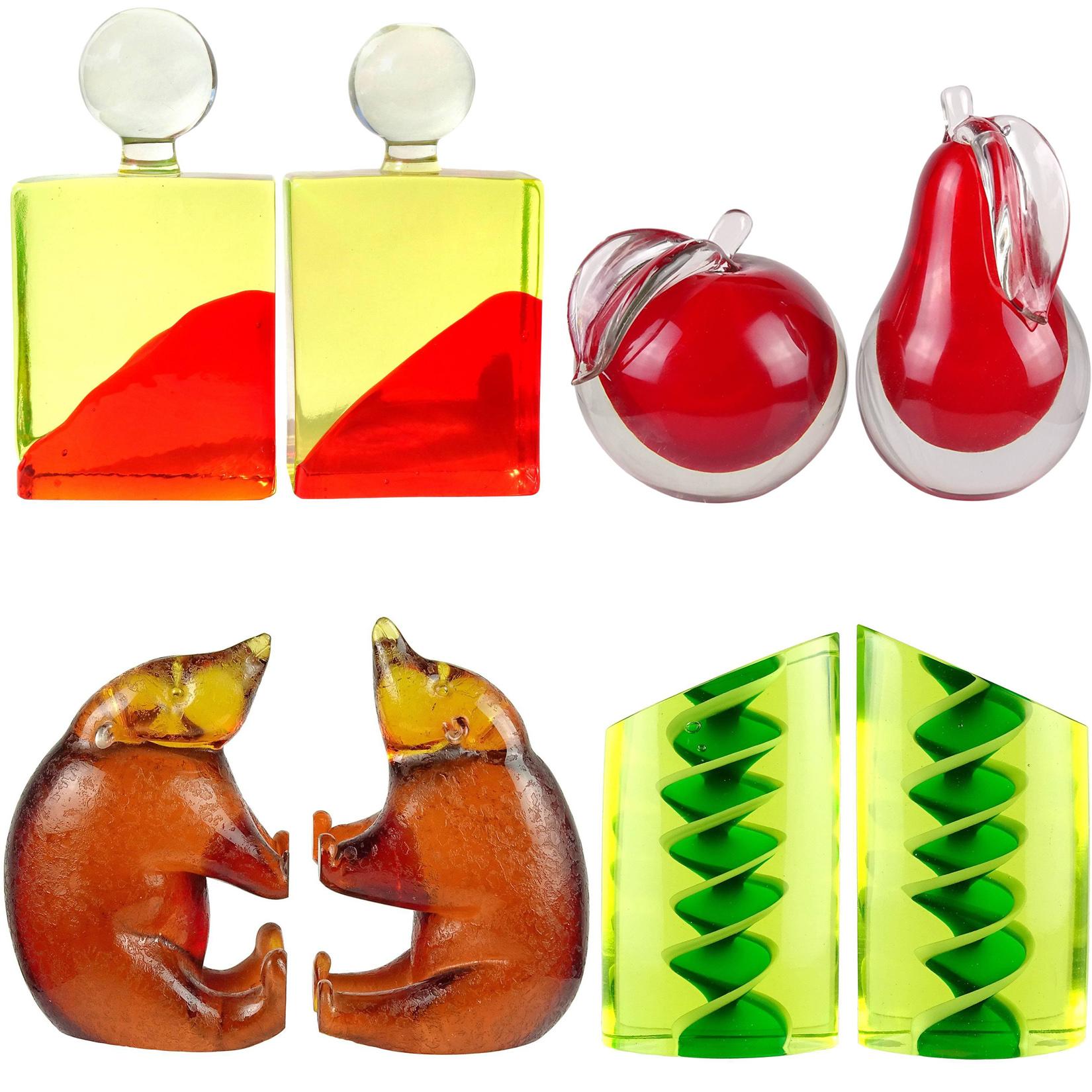 20th Century Alfredo Barbini Murano Red Sommerso Italian Art Glass Pear Apple Fruit Bookends