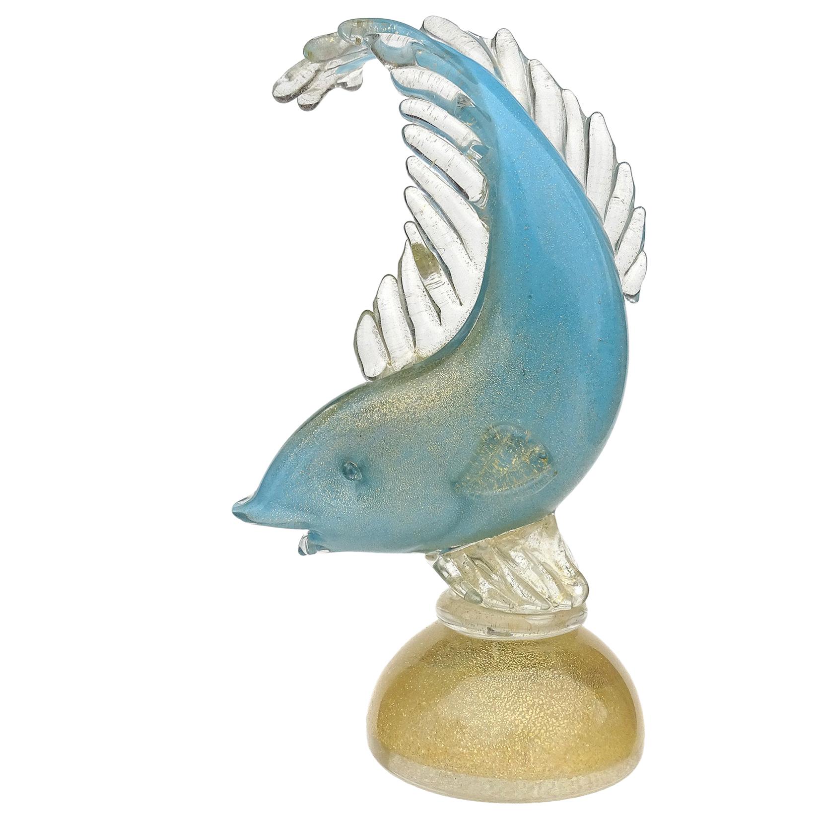 Alfredo Barbini Murano Sky Blue Gold Flecks Italian Art Glass Fish Sculpture