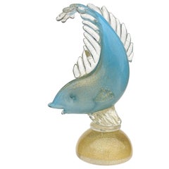 Alfredo Barbini Murano Himmel Blau Gold Flecken Italienische Kunst Glas Fisch Skulptur