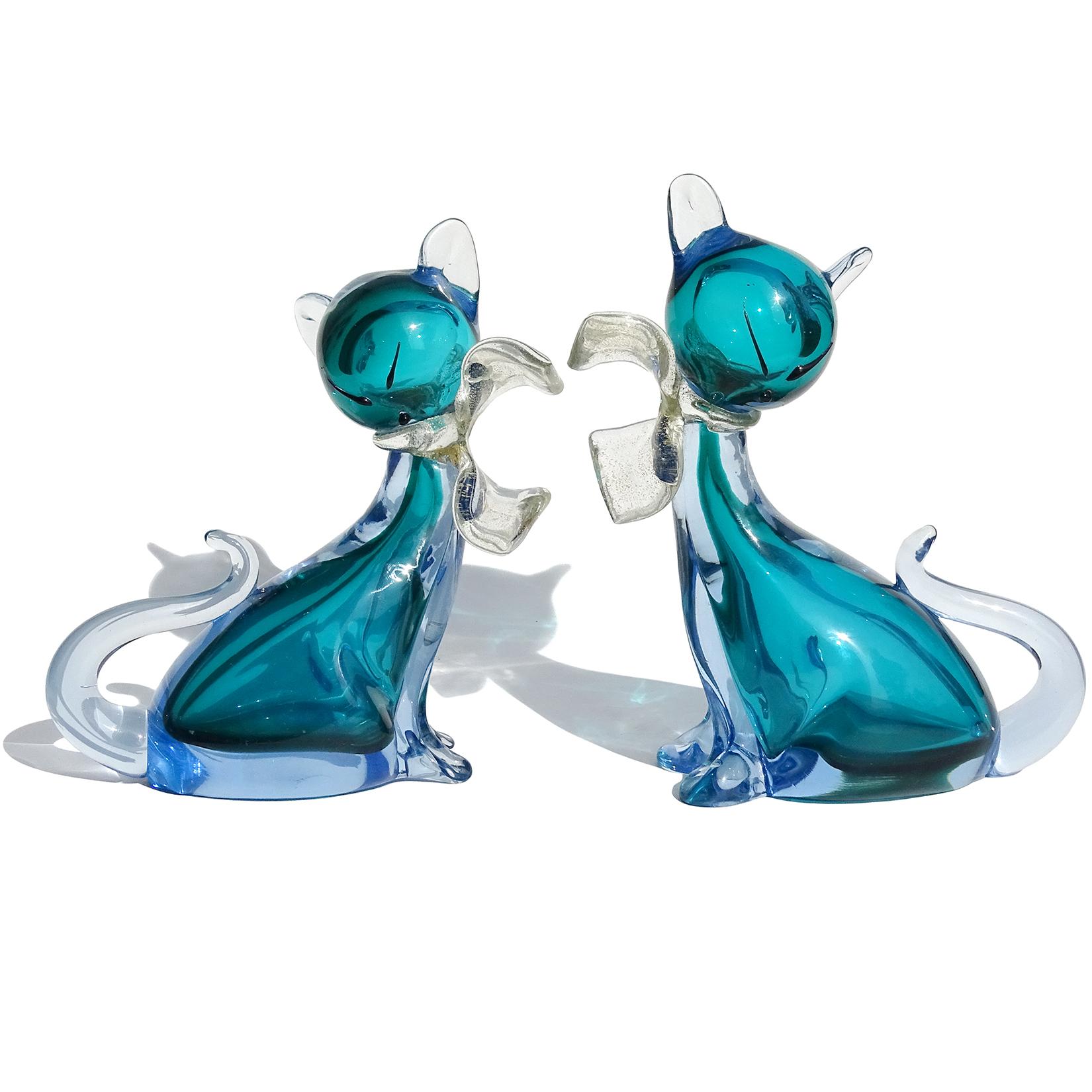 Beautiful vintage Murano hand blown Sommerso aqua blue and gold flecks art glass kitty cat figurines. Documented to designer Alfredo Barbini. Original labels, 