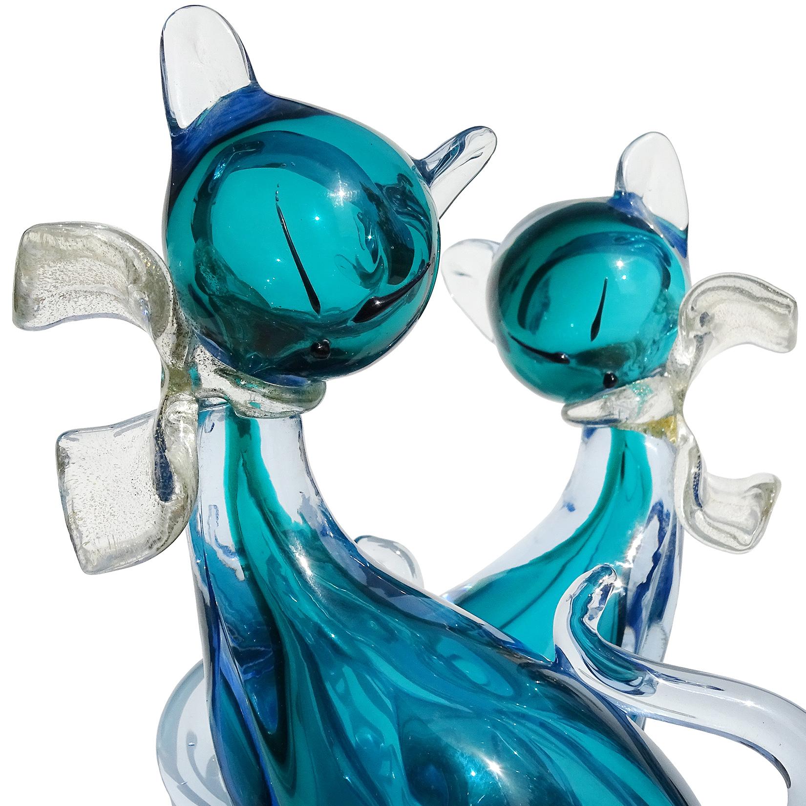 Mid-Century Modern Alfredo Barbini Murano Sommerso Aqua Blue Italian Art Glass Kitty Cat Figurines