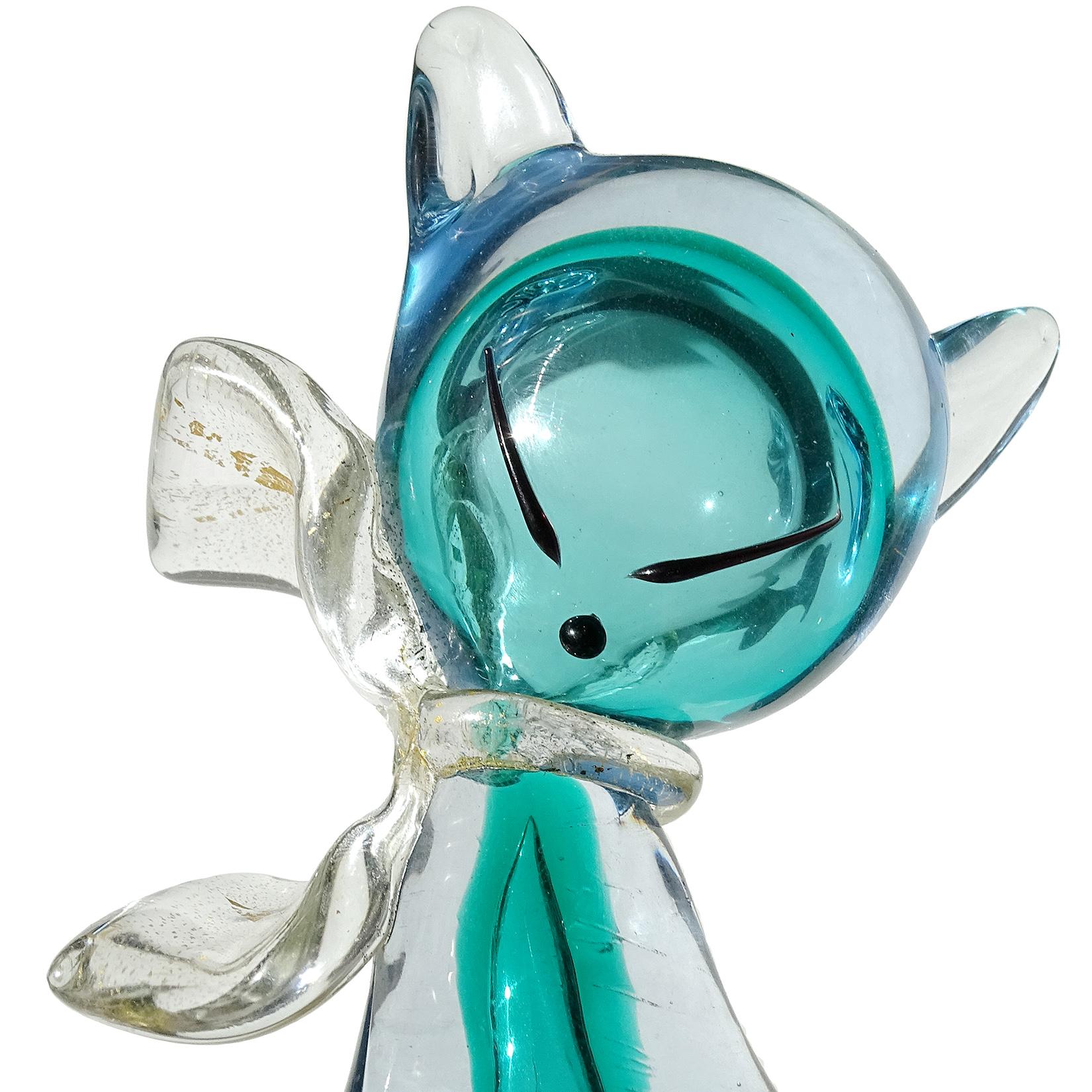 Hand-Crafted Alfredo Barbini Murano Sommerso Aqua Blue Italian Art Glass Kitty Cat Figurines