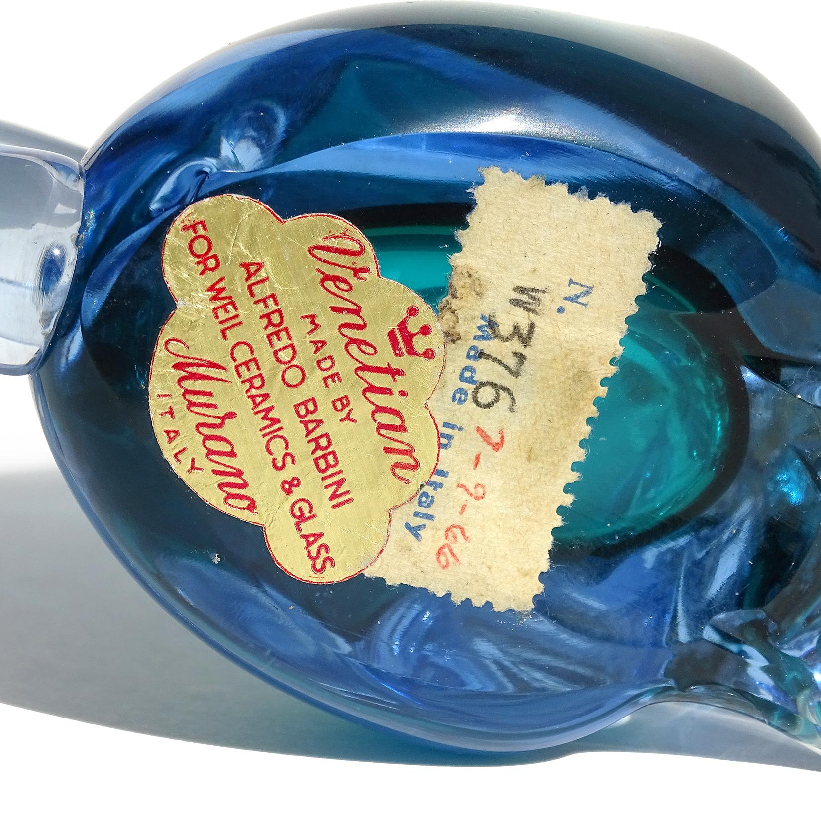 Alfredo Barbini Murano Sommerso Aqua Blue Italian Art Glass Kitty Cat Figurines In Excellent Condition In Kissimmee, FL
