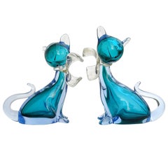 Alfredo Barbini Murano Sommerso Aqua Blue Italian Art Glass Kitty Cat Figurines