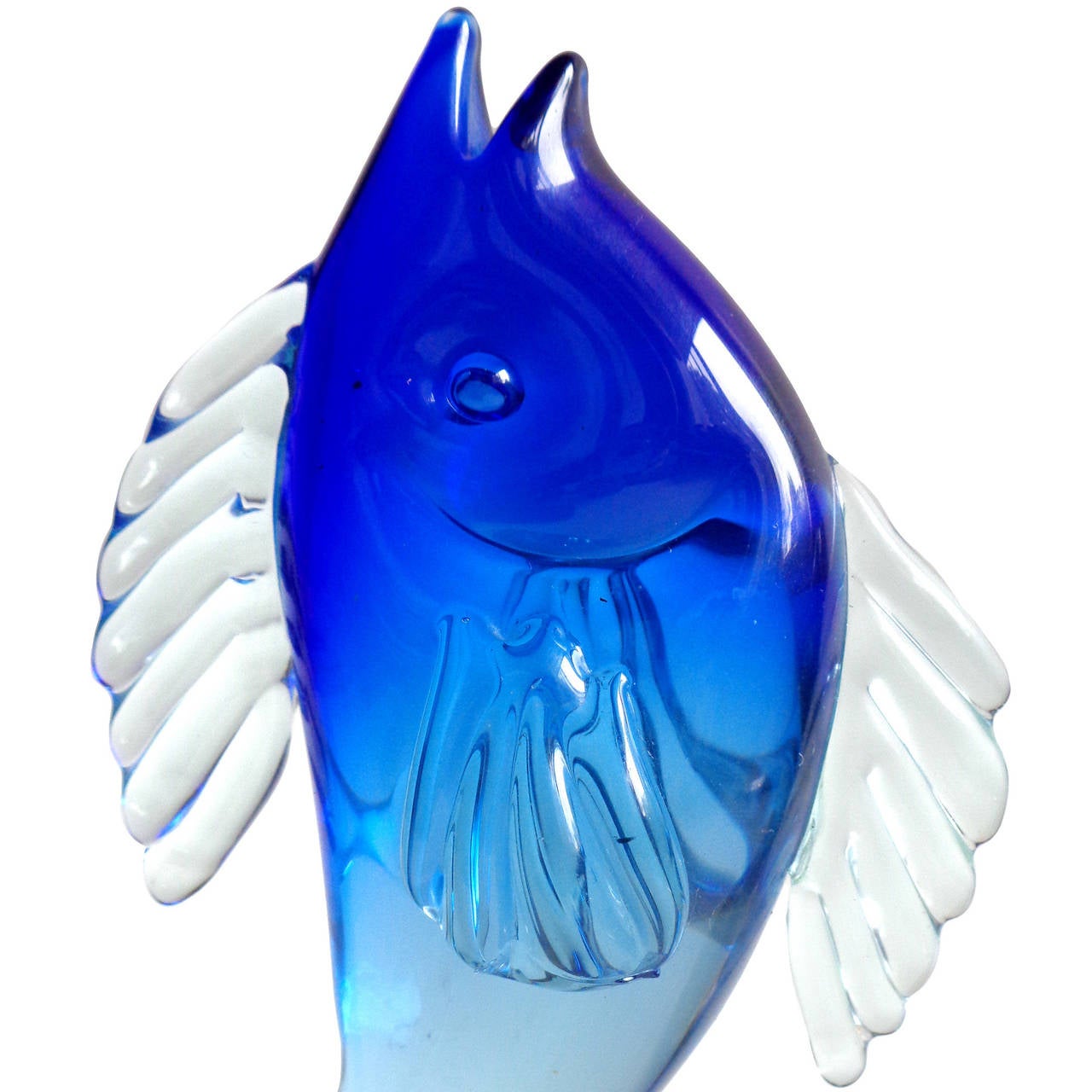 Priced per item (2 colors available as shown). Beautiful vintage Murano hand blown Sommerso cobalt blue and green Italian art glass fish sculptures. Documented to designer Alfredo Barbini. The green fish has 2 original labels, including one with