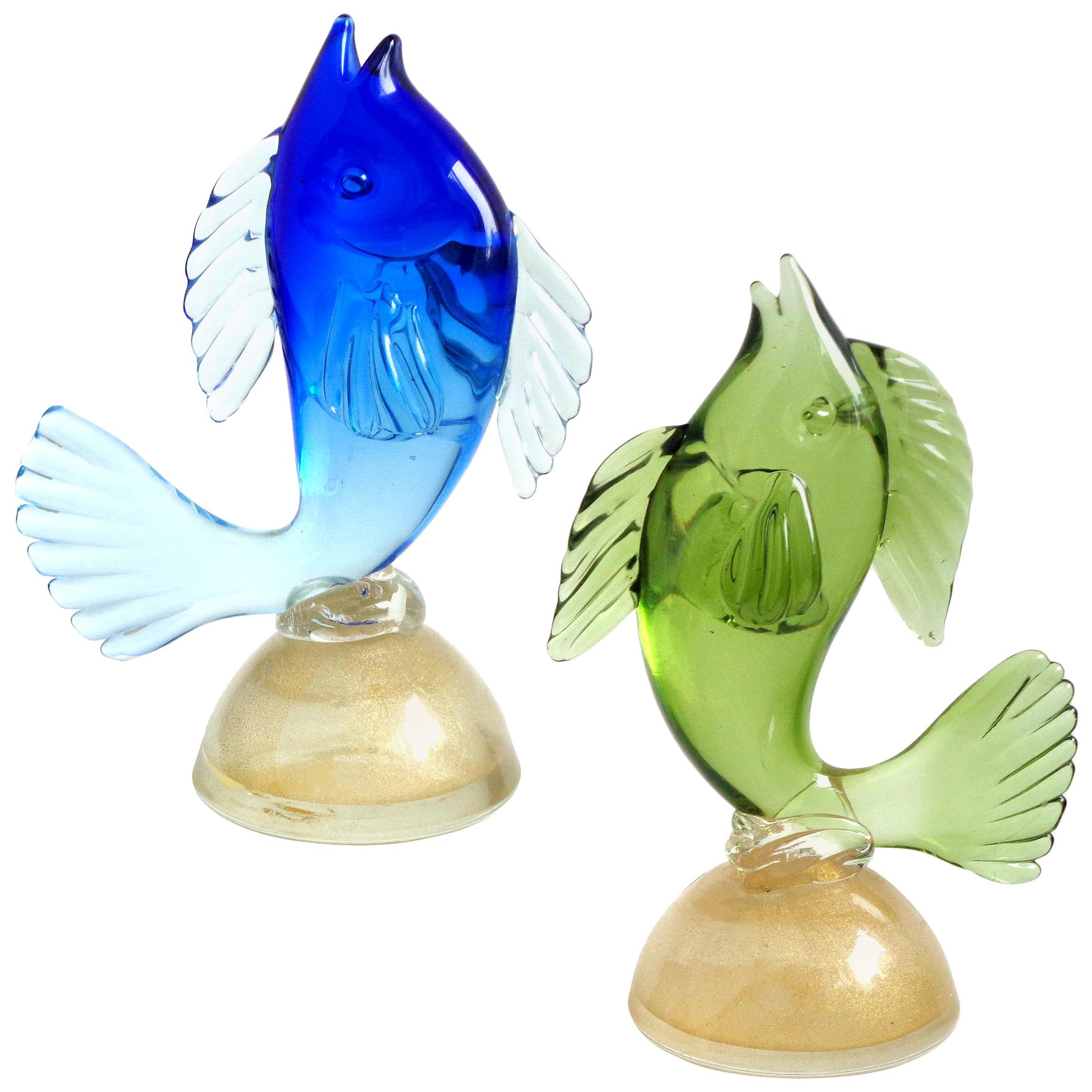 Alfredo Barbini Murano Sommerso Blue Green Italian Art Glass Fish Sculptures