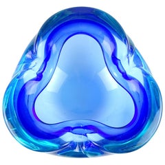 Alfredo Barbini Murano Sommerso Cobalt Light Blue Italian Art Glass Bowl