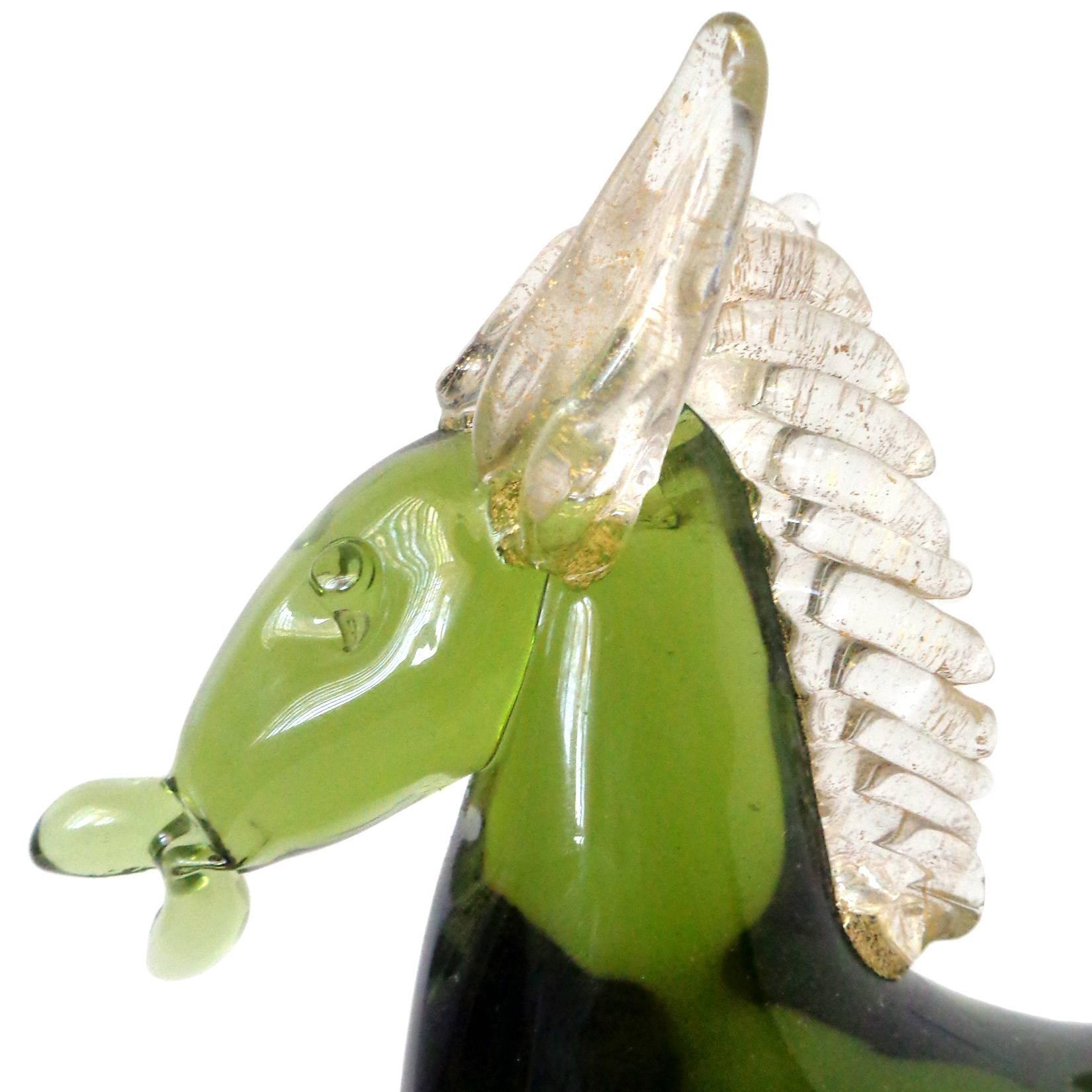 Hand-Crafted Alfredo Barbini Murano Sommerso Green Gold Italian Art Glass Horse Pony Set