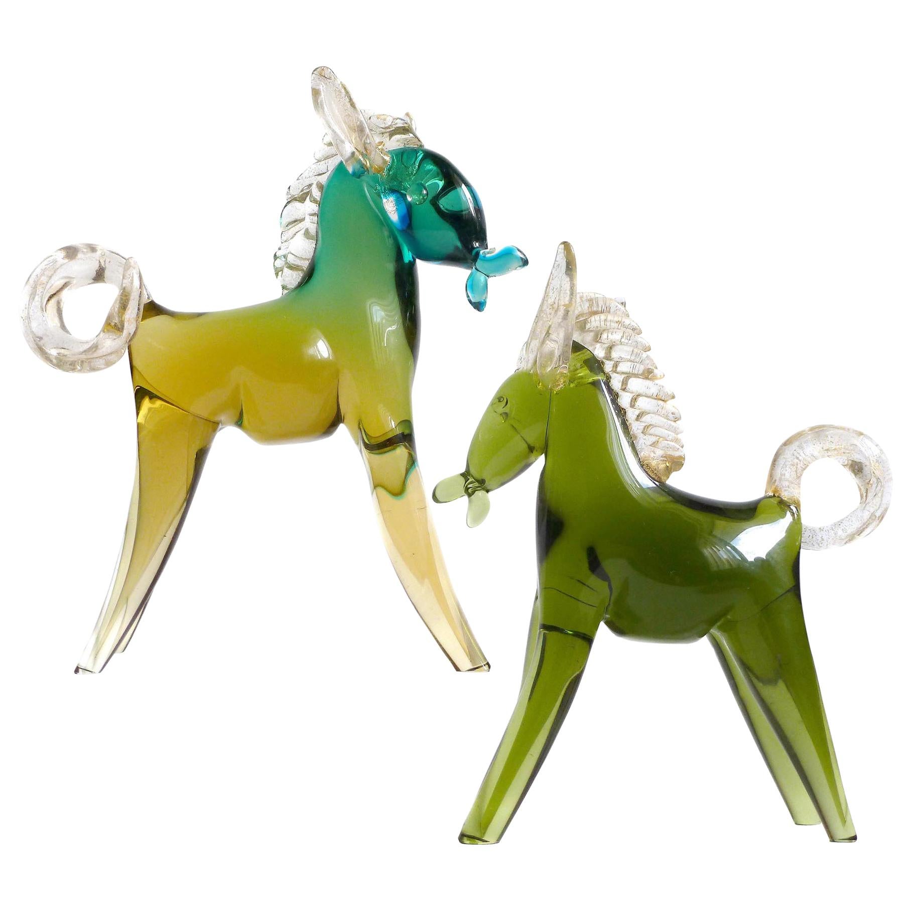 Alfredo Barbini Murano Sommerso Green Gold Italian Art Glass Horse Pony Set