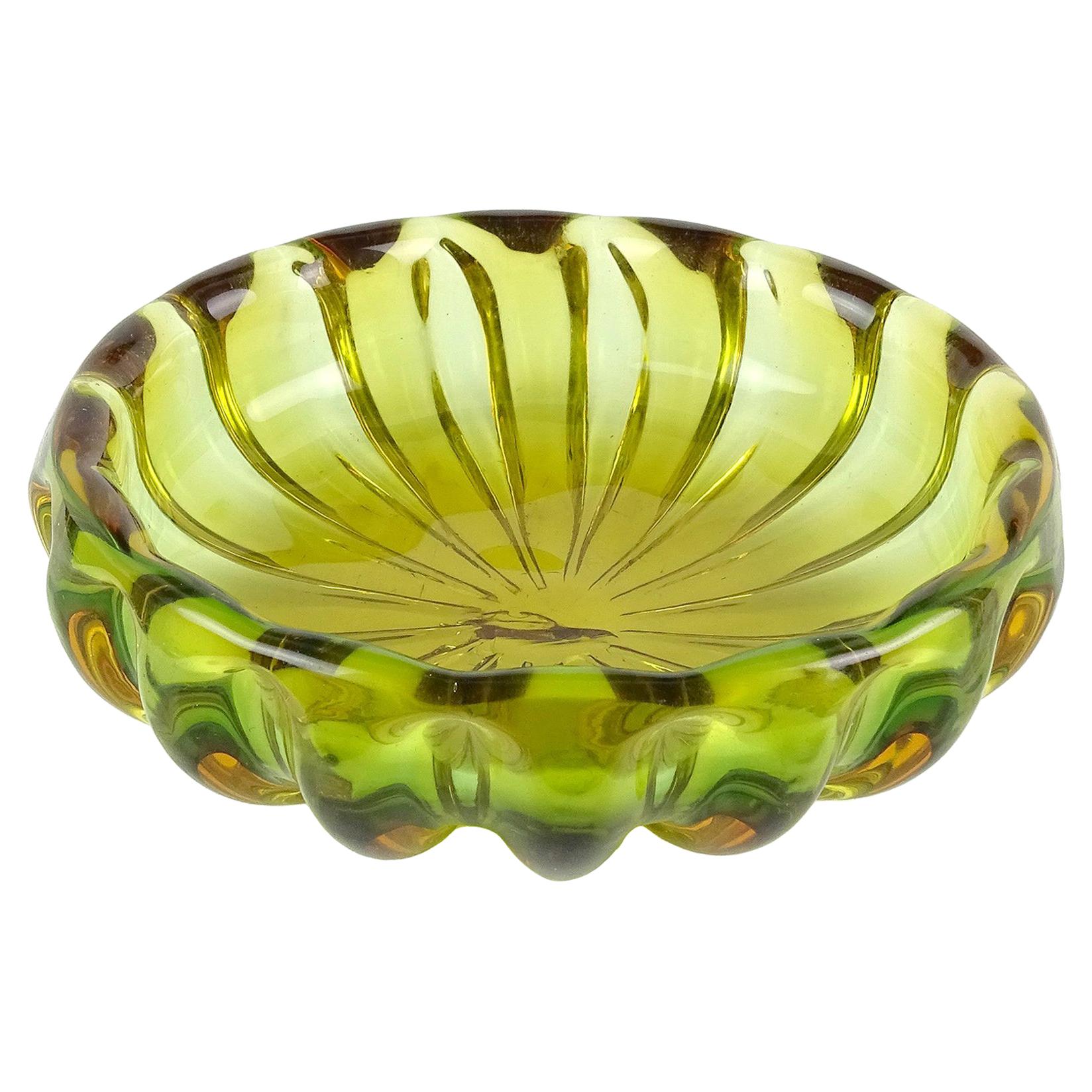 Alfredo Barbini Murano Sommerso Green Orange Ribbed Italian Art Glass Bowl Dish For Sale