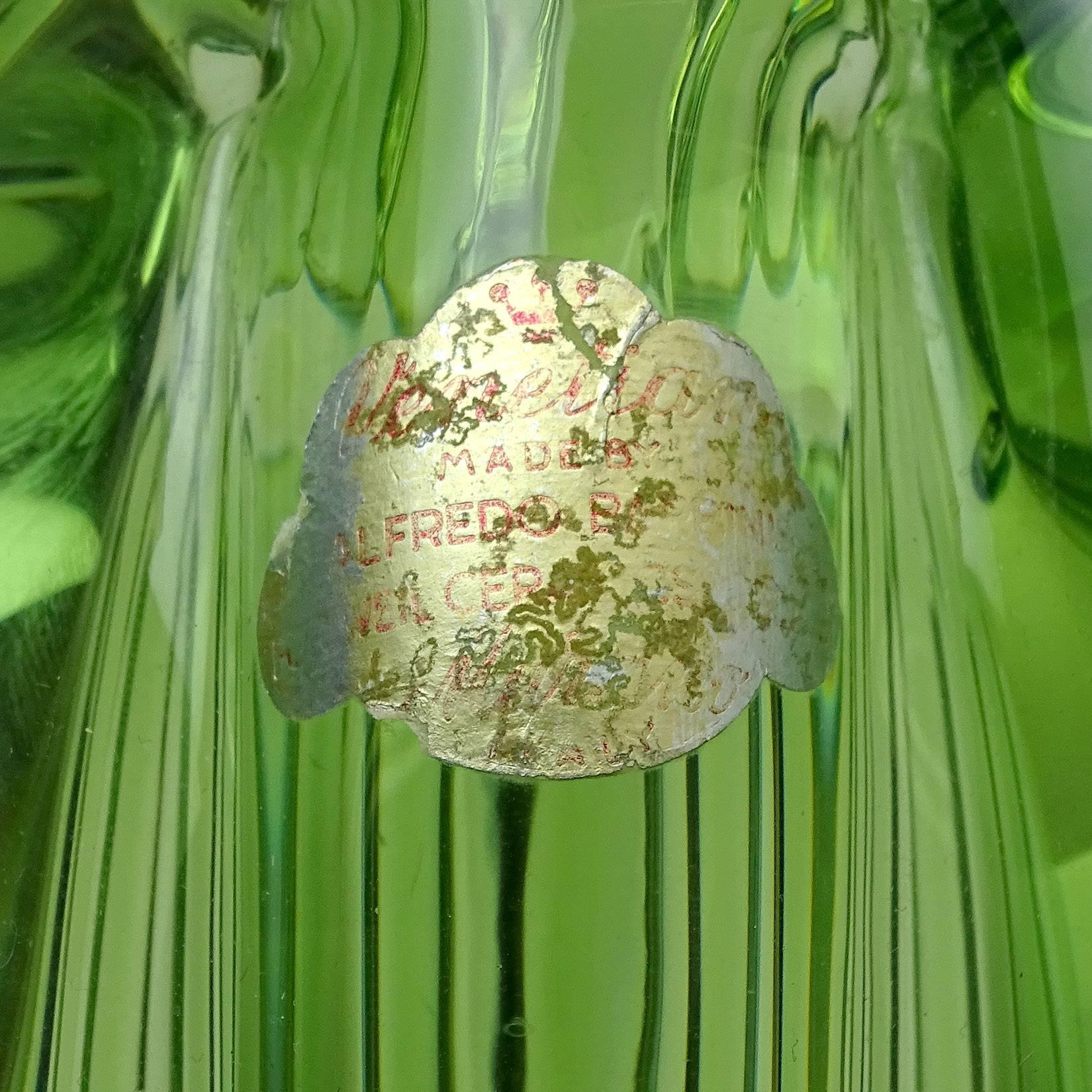 Alfredo Barbini Murano Sommerso Green Ribbed Italian Art Glass Flower Vase In Good Condition In Kissimmee, FL