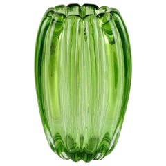 Alfredo Barbini Murano Sommerso Green Ribbed Italian Art Glass Flower Vase