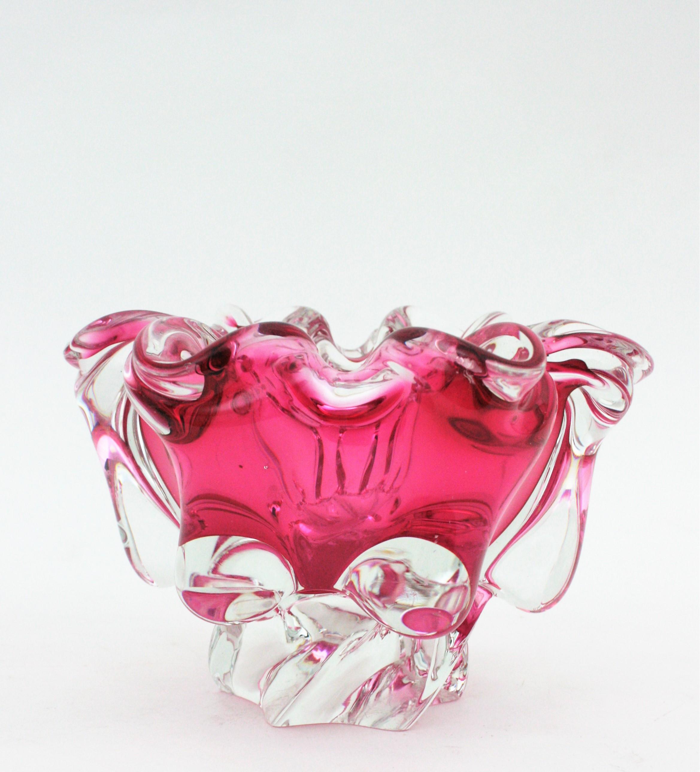 20th Century Alfredo Barbini Murano Sommerso Pink Clear Art Glass Centerpiece Bowl