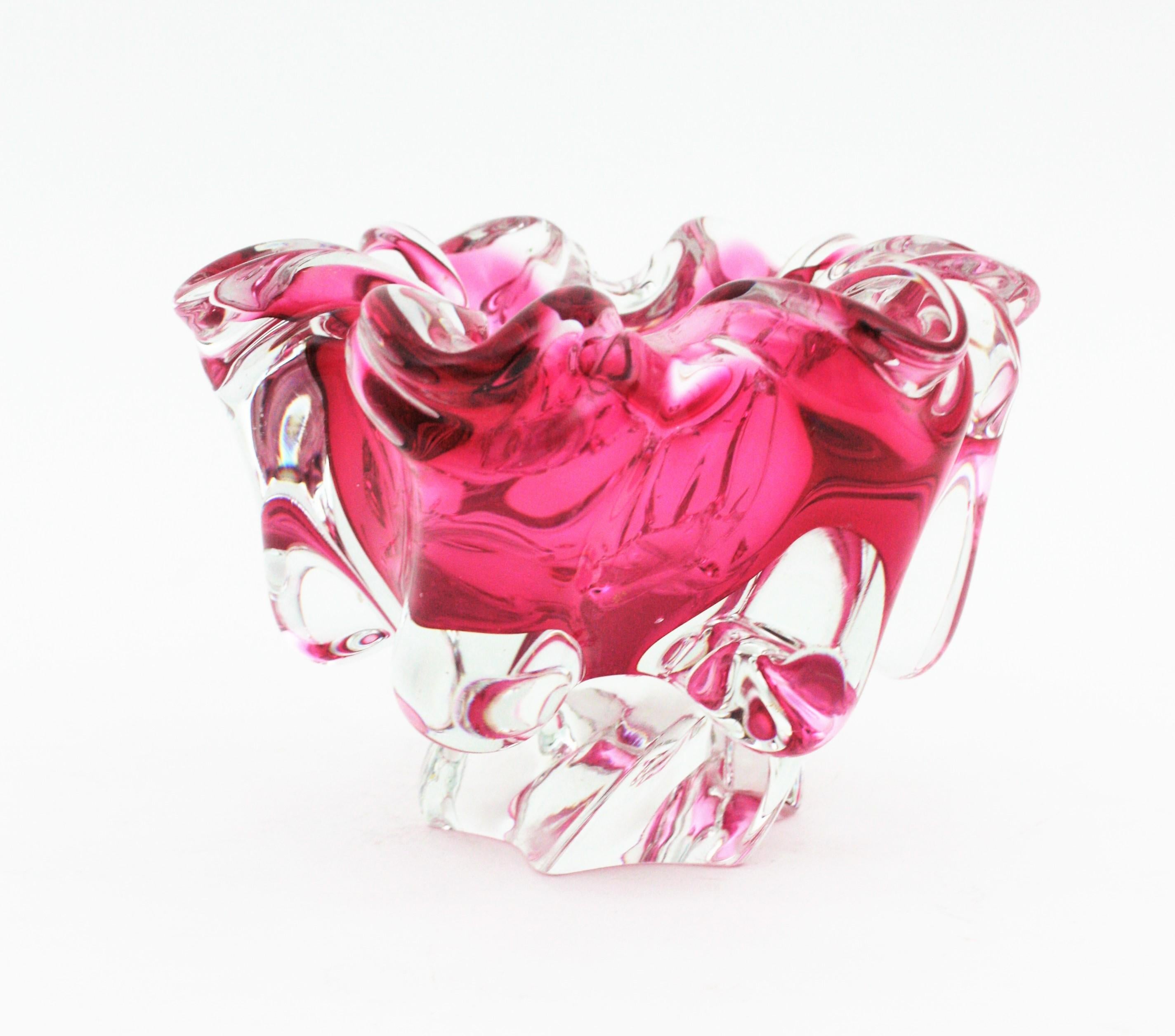 Murano Glass Alfredo Barbini Murano Sommerso Pink Clear Art Glass Centerpiece Bowl