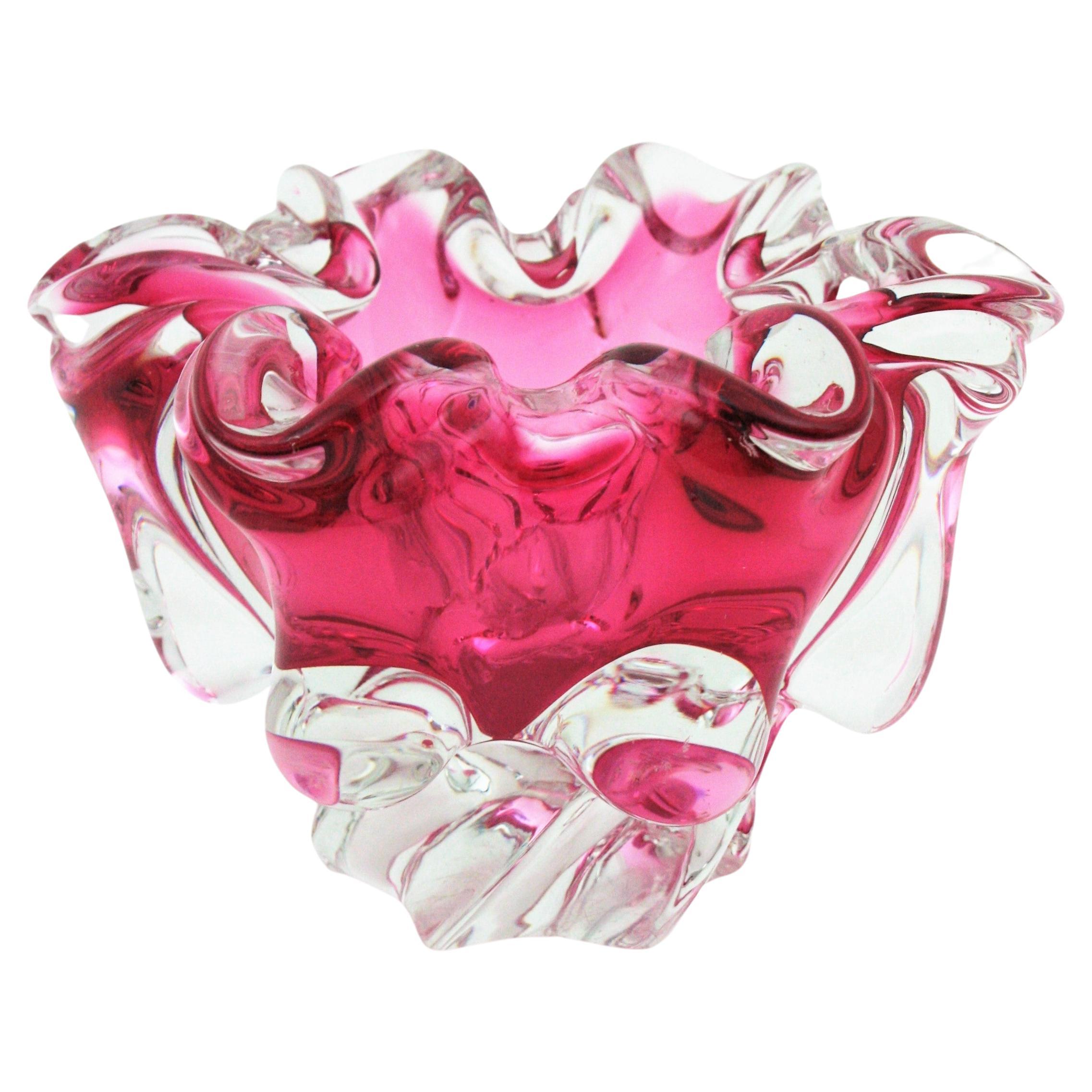 Alfredo Barbini Murano Sommerso Pink Clear Art Glass Centerpiece Bowl