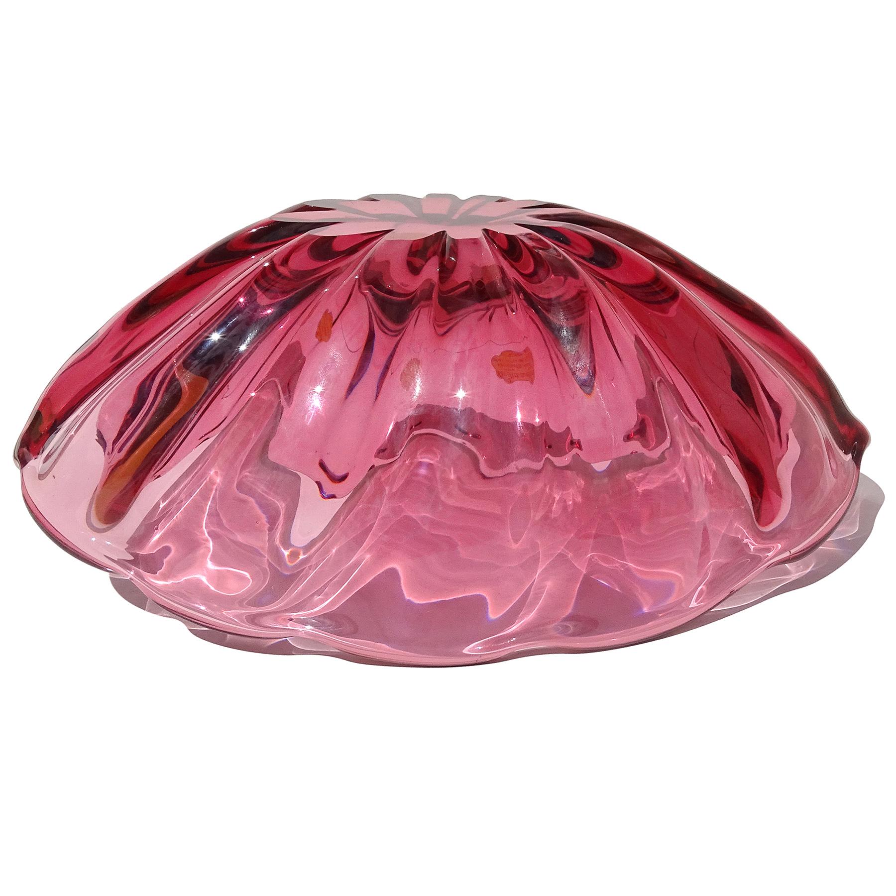 20th Century Alfredo Barbini Murano Sommerso Pink Italian Art Glass Fruit Bowl Centerpiece For Sale