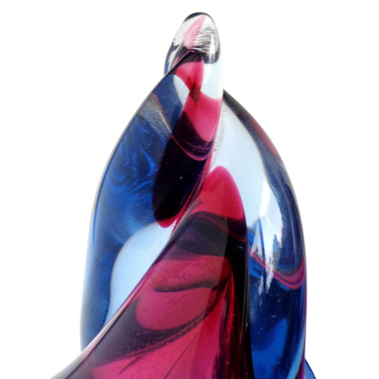 Wonderful Murano hand blown purple and blue Sommerso Italian art glass bookend sculptures in twisting flame design. Documented to designer Alfredo Barbini, circa 1950-1960, and published in his catalog. Great for any desk or book shelve. 
Please