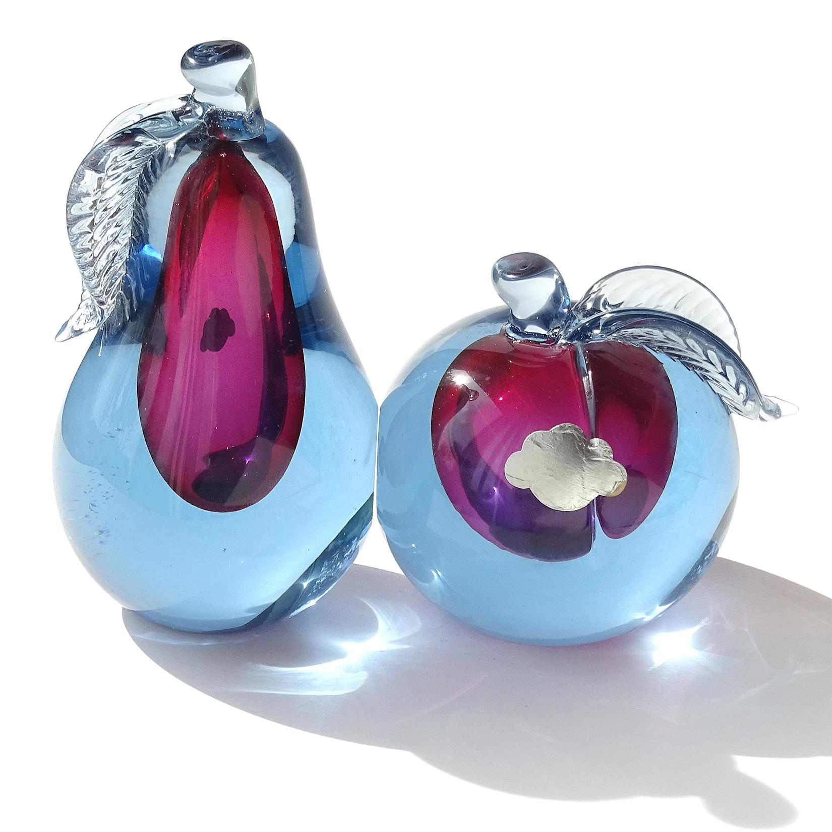 Hand-Crafted Alfredo Barbini Murano Sommerso Purple Blue Italian Art Glass Fruit Bookends