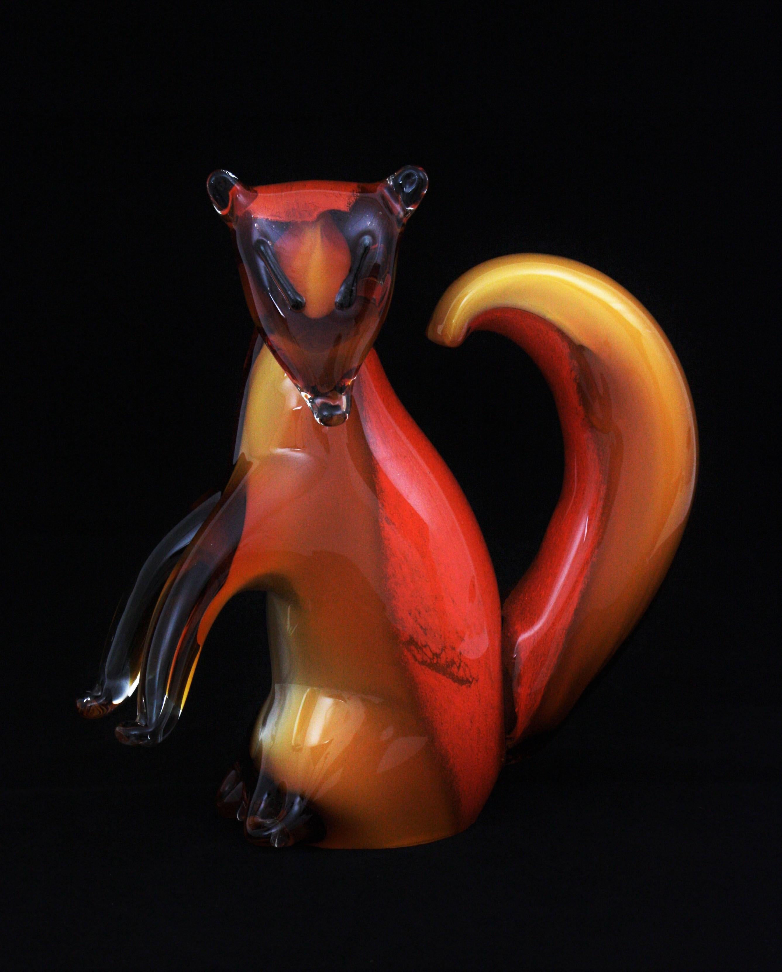 Italian Alfredo Barbini Murano Squirrel Figure in Amber and Orange Glass For Sale