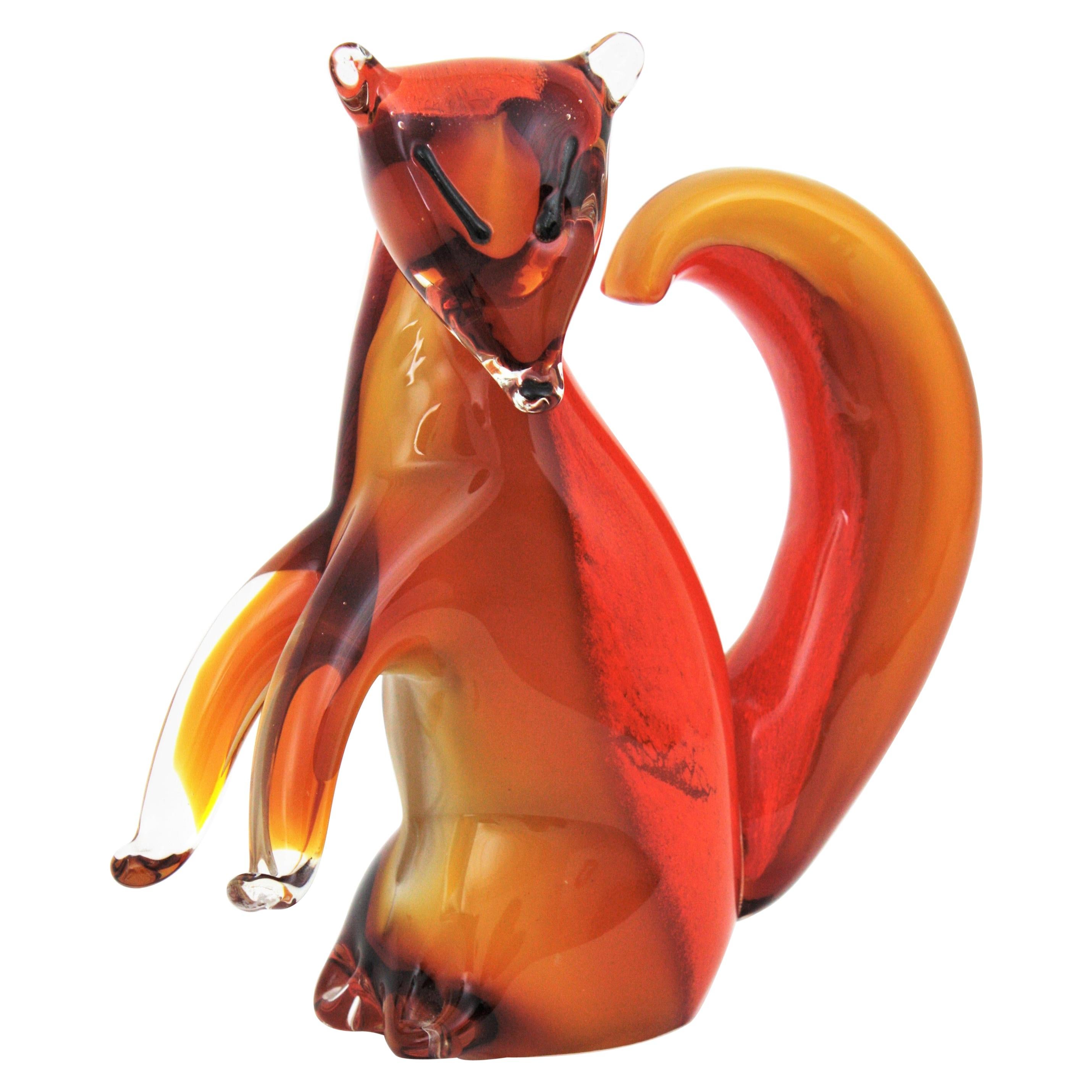 Alfredo Barbini Murano Squirrel Figure in Amber and Orange Glass