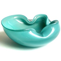 Alfredo Barbini Murano Teal Blue Green Gold Flecks Italian Art Glass Candy Bowl