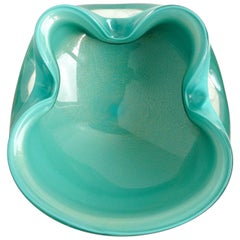 Alfredo Barbini Murano Teal Blue Green Gold Flecks Italian Art Glass Candy Bowl