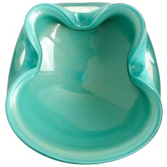 Alfredo Barbini Murano Teal Blue Green, Gold Flecks Italian Art Glass Candy Bowl