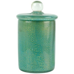 Vintage Alfredo Barbini Murano Teal Green Gold Flecks Italian Art Glass Cigarette Jar