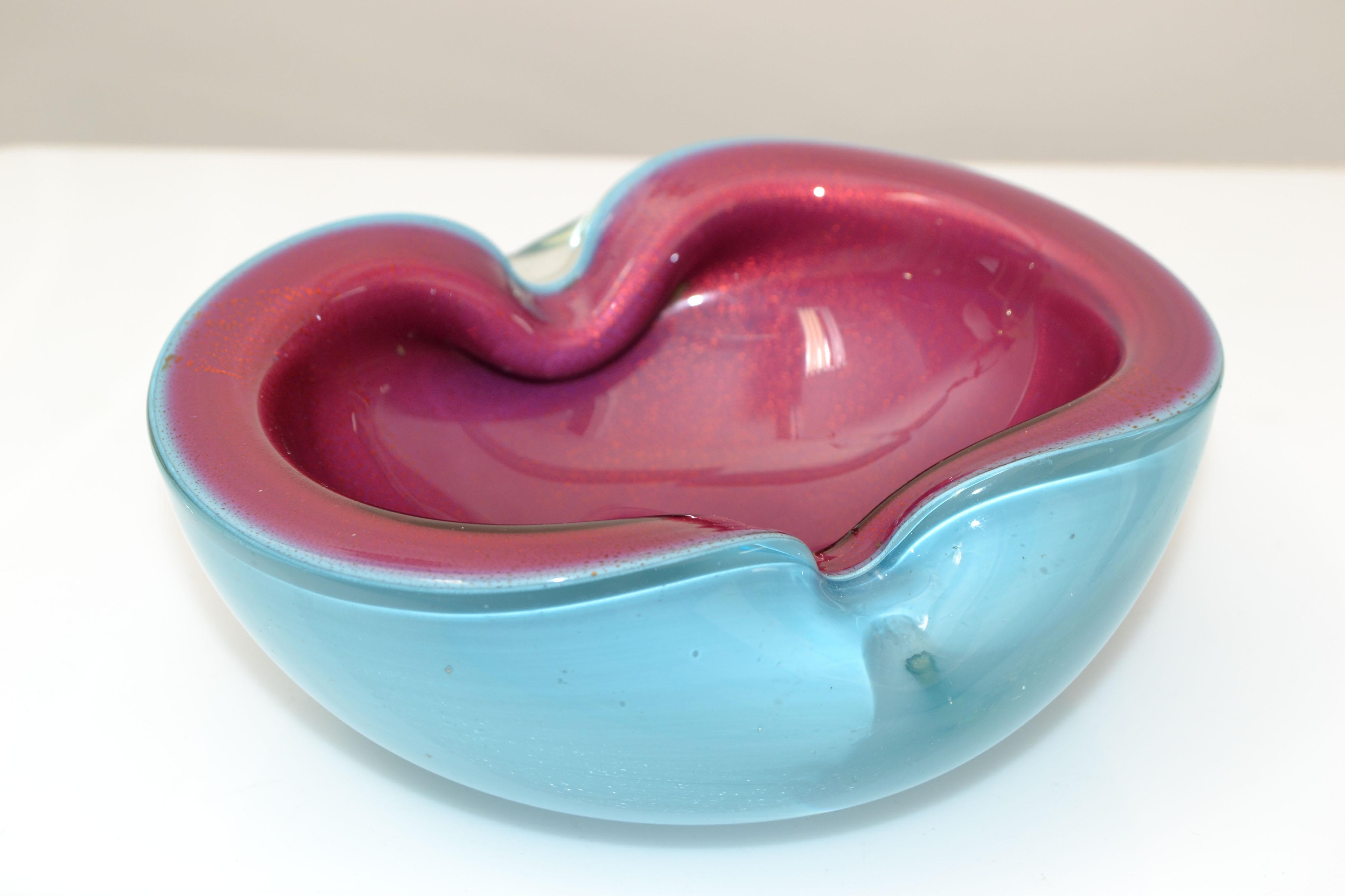 Alfredo Barbini Murano Turquoise Blue & Raspberry Blown Art Glass Bowl Italy 1