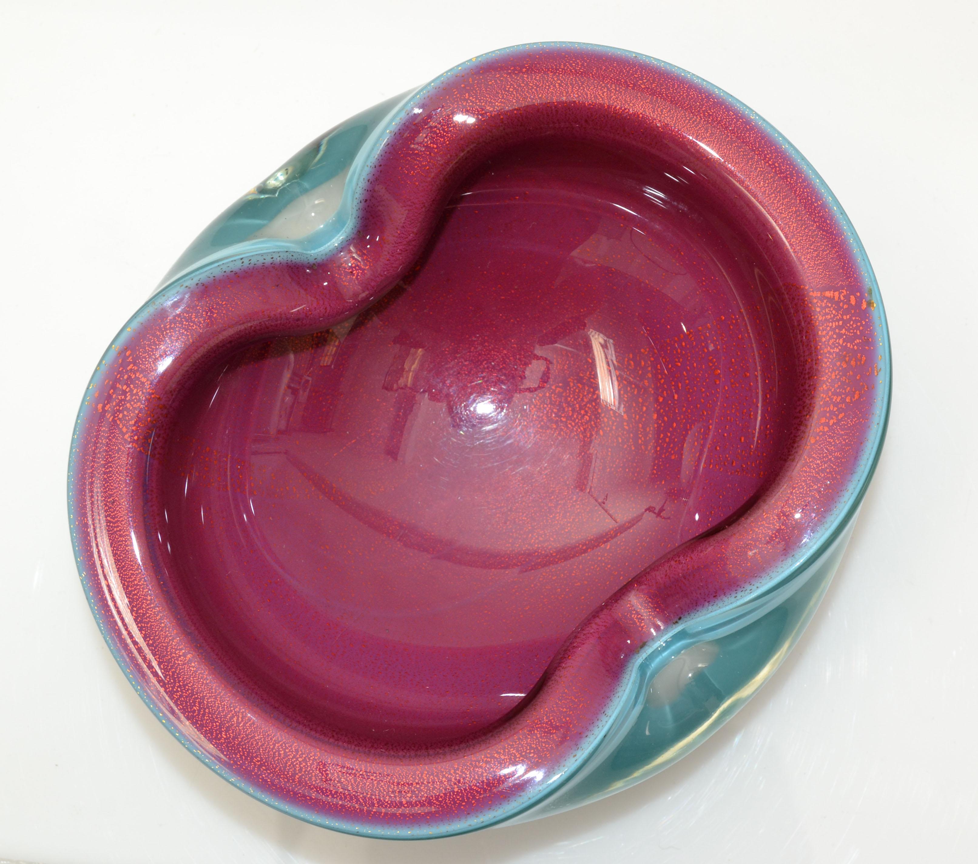 Italian Alfredo Barbini Murano Turquoise Blue & Raspberry Blown Art Glass Bowl Italy