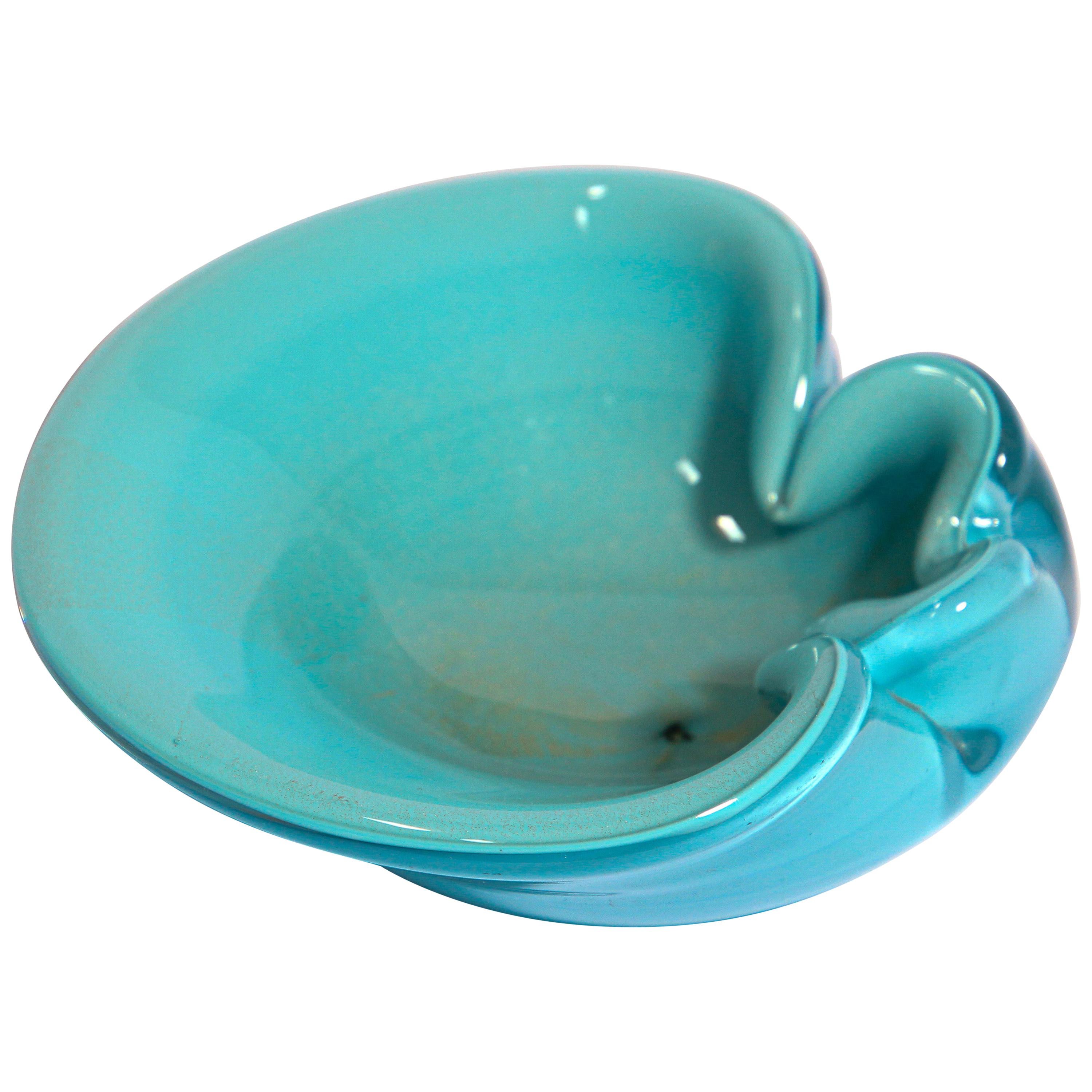 Alfredo Barbini Murano Venetian Handblown Art Glass Turquoise Ashtray