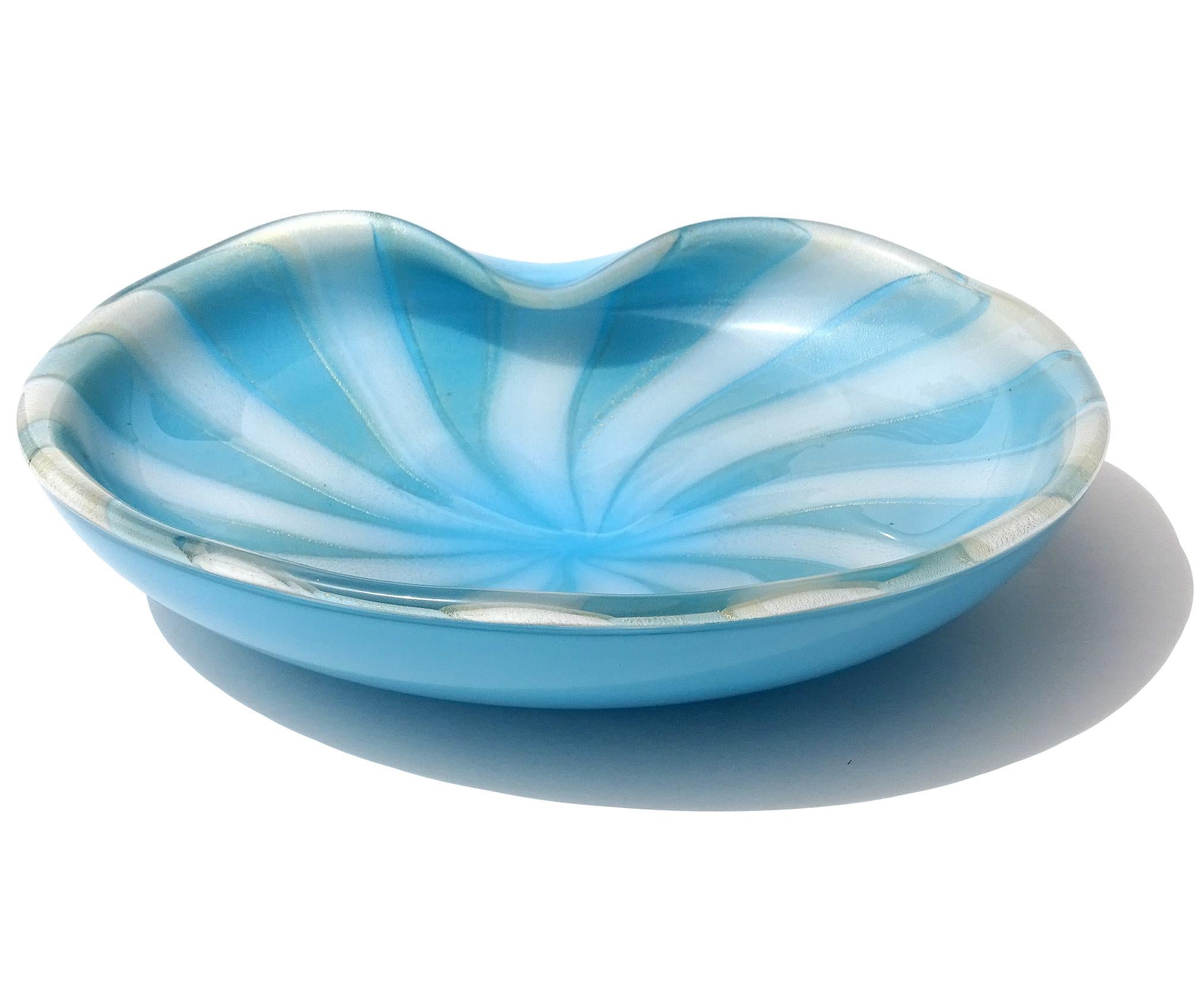 Mid-Century Modern Barbini Murano White Blue Gold Flecks Stripes Italian Art Glass Centerpiece Bowl