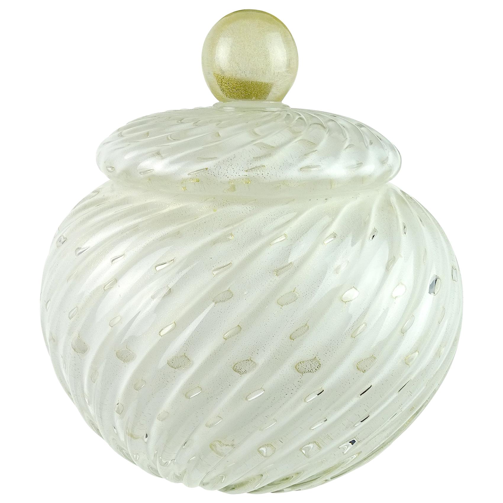 Alfredo Barbini Murano White Bubbles Gold Flecks Italian Art Glass Cookie Jar