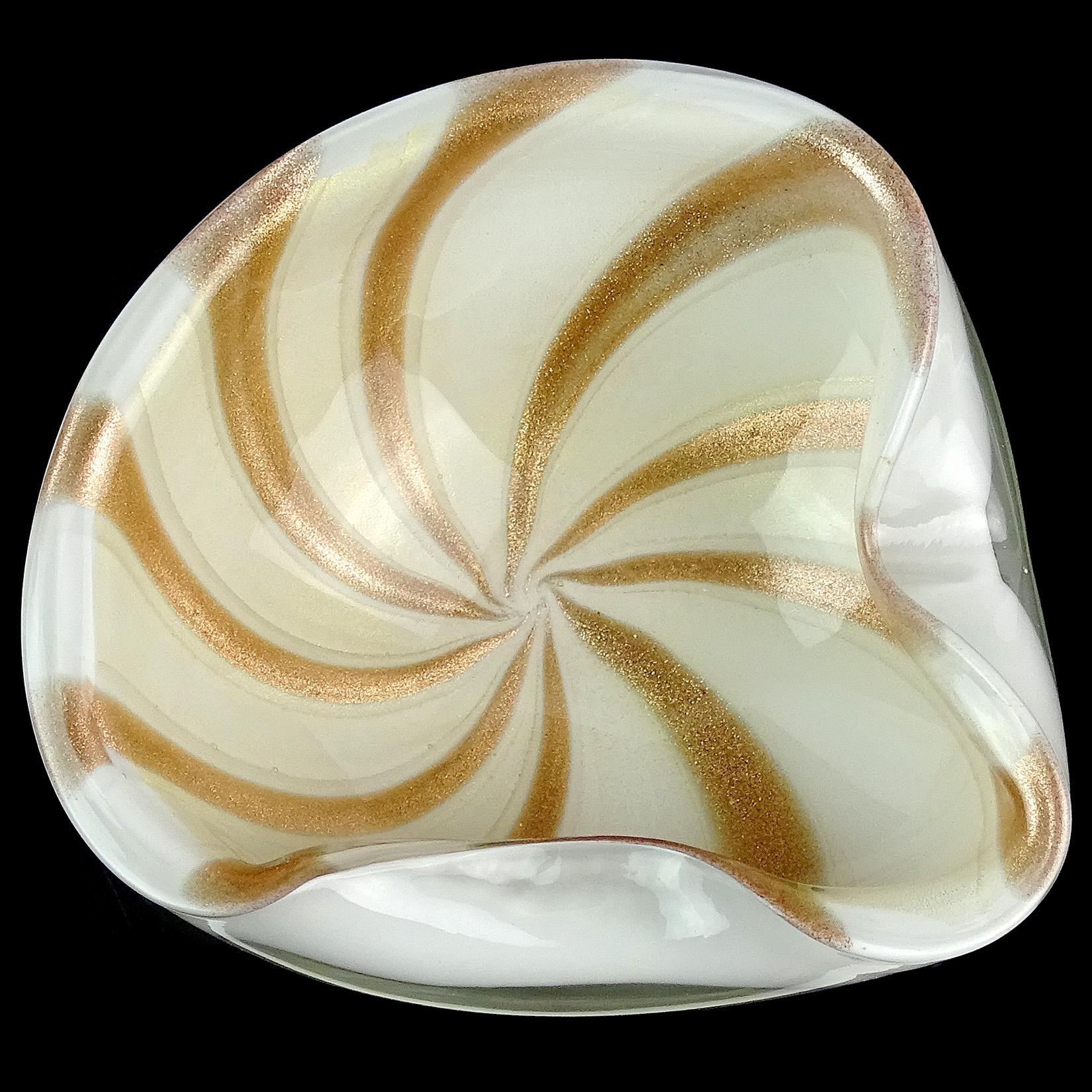 Beautiful vintage Murano hand blown white, gold and aventurine flecks Italian art glass bowl with stripe design. Documented to designer Alfredo Barbini, circa 1950-1960s. The piece glitters in the light. Has a decorative folded rim. Can be used as a