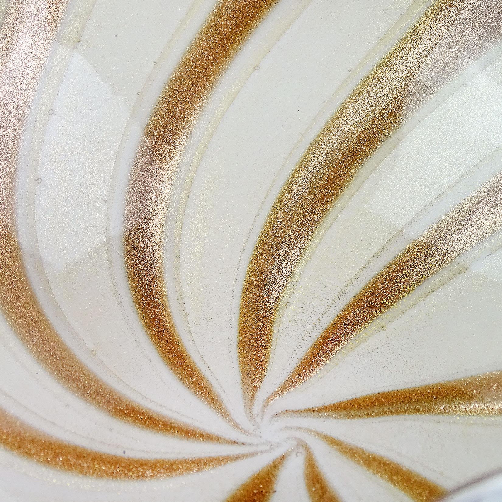 20th Century Alfredo Barbini Murano White Gold Aventurine Stripes Italian Art Glass Bowl Dish