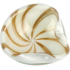 Alfredo Barbini Murano White Gold Aventurine Stripes Italian Art Glass Bowl Dish