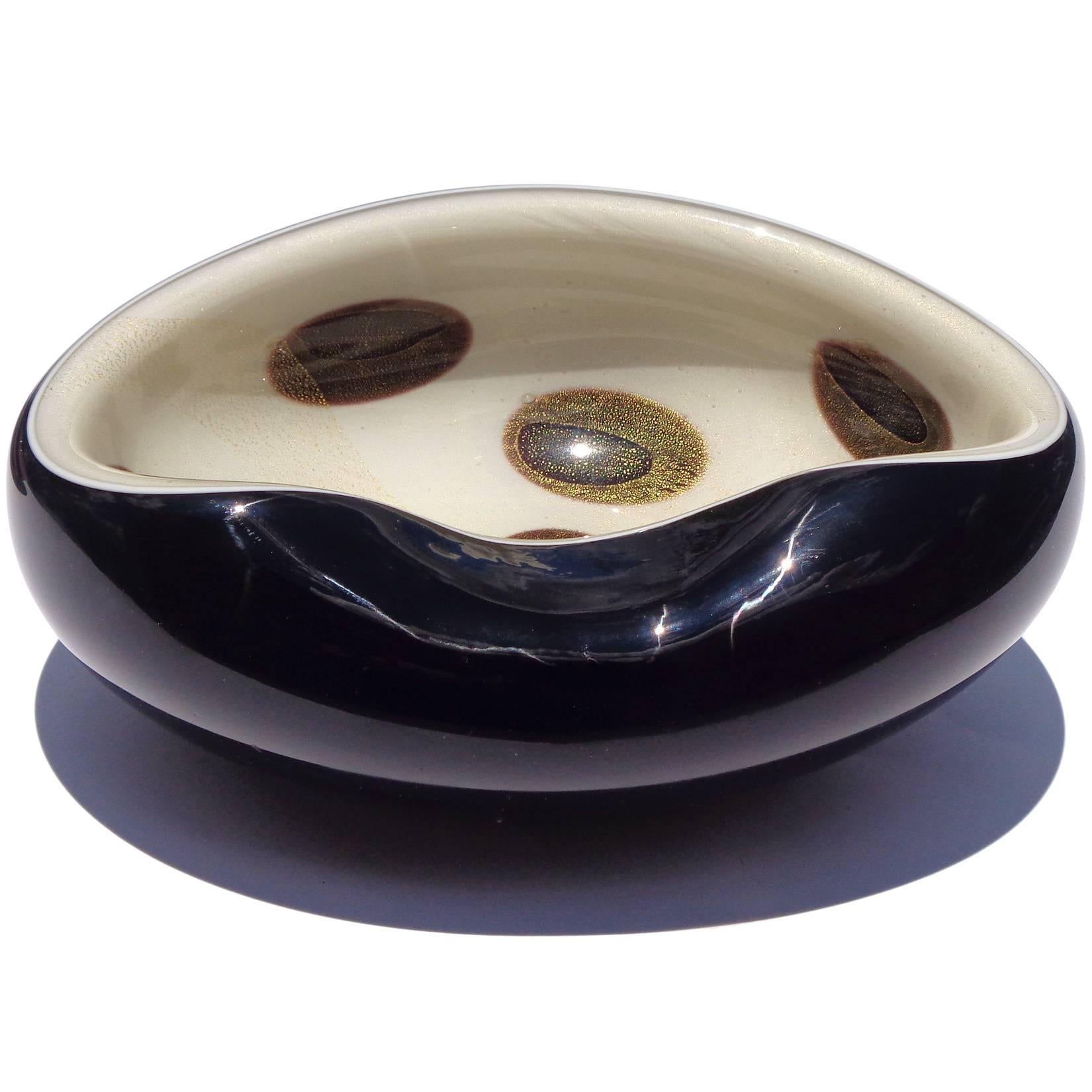 Space Age Alfredo Barbini Murano White Gold Flecks Black Spots Italian Art Glass Bowl