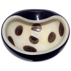 Alfredo Barbini Murano White Gold Flecks Black Spots Italian Art Glass Bowl