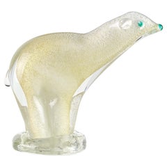Alfredo Barbini Murano White Gold Flecks Italian Art Glass Polar Bear Sculpture