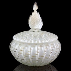 Poudrier en verre d'art italien de Murano avec plateau en feuille d'or blanc Alfredo Barbini