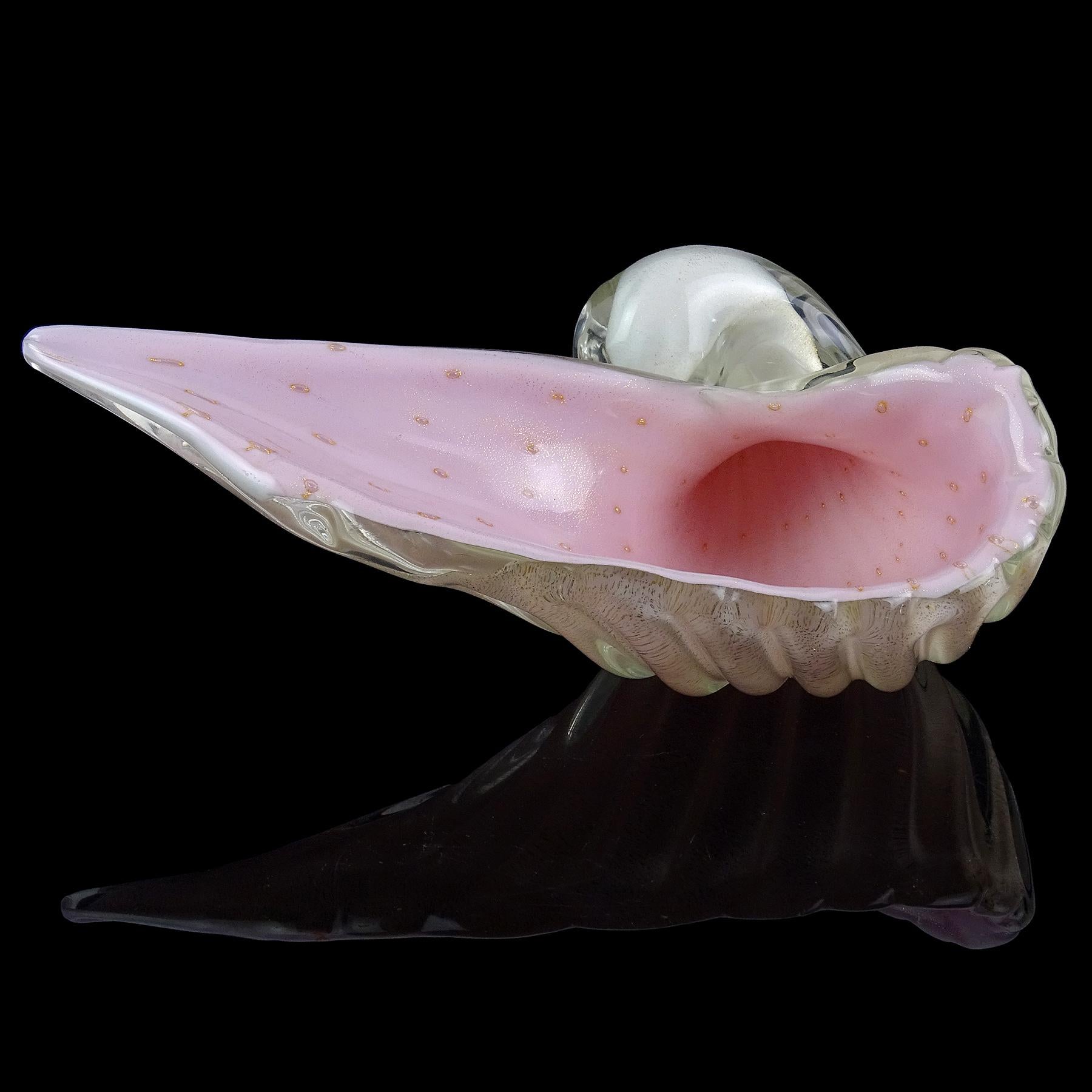 Mid-Century Modern Alfredo Barbini Murano White Pink Gold Flecks Italian Art Glass Seashell Bowl For Sale