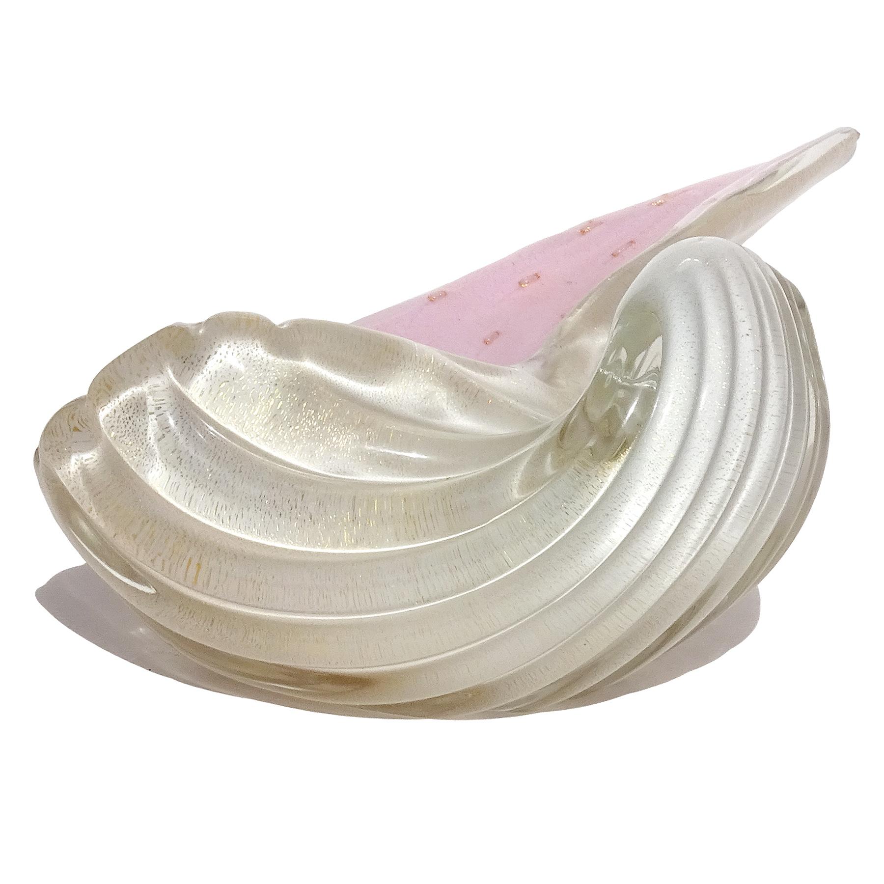 20th Century Alfredo Barbini Murano White Pink Gold Flecks Italian Art Glass Seashell Bowl For Sale