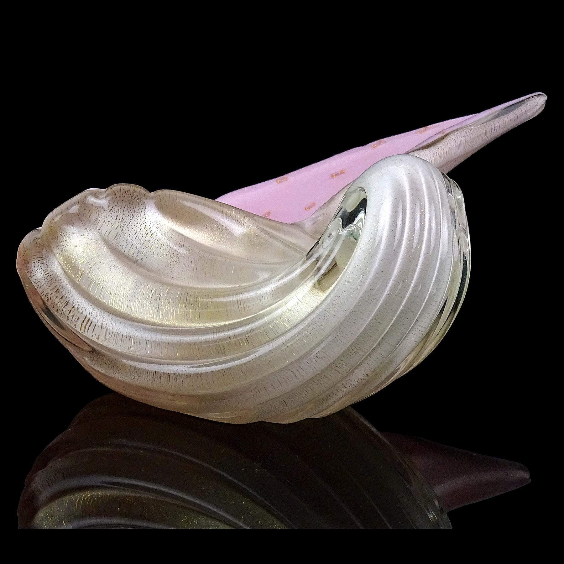 Alfredo Barbini Murano White Pink Gold Flecks Italian Art Glass Seashell Bowl For Sale 1
