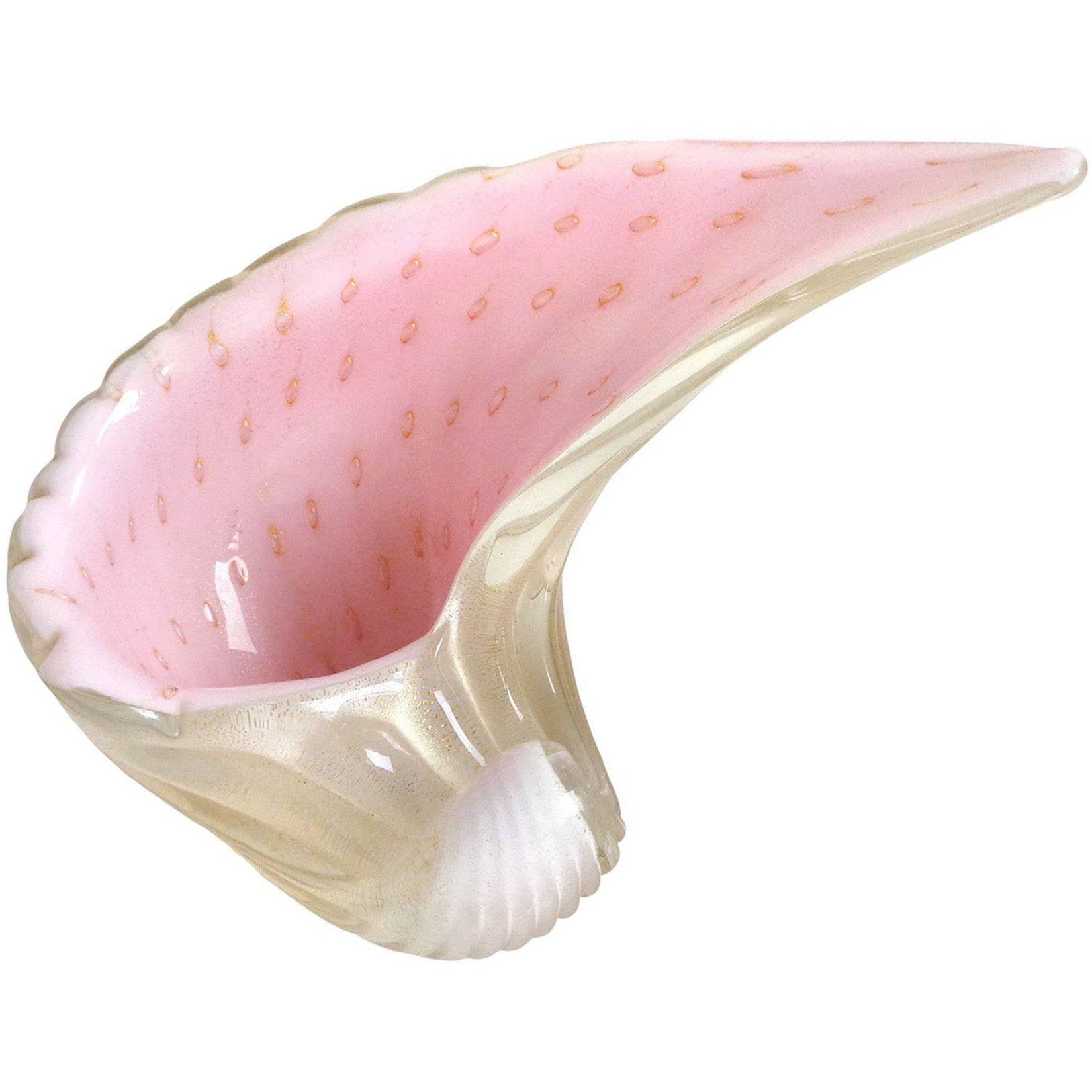 Alfredo Barbini Murano White Pink Gold Flecks Italian Art Glass Seashell Bowl