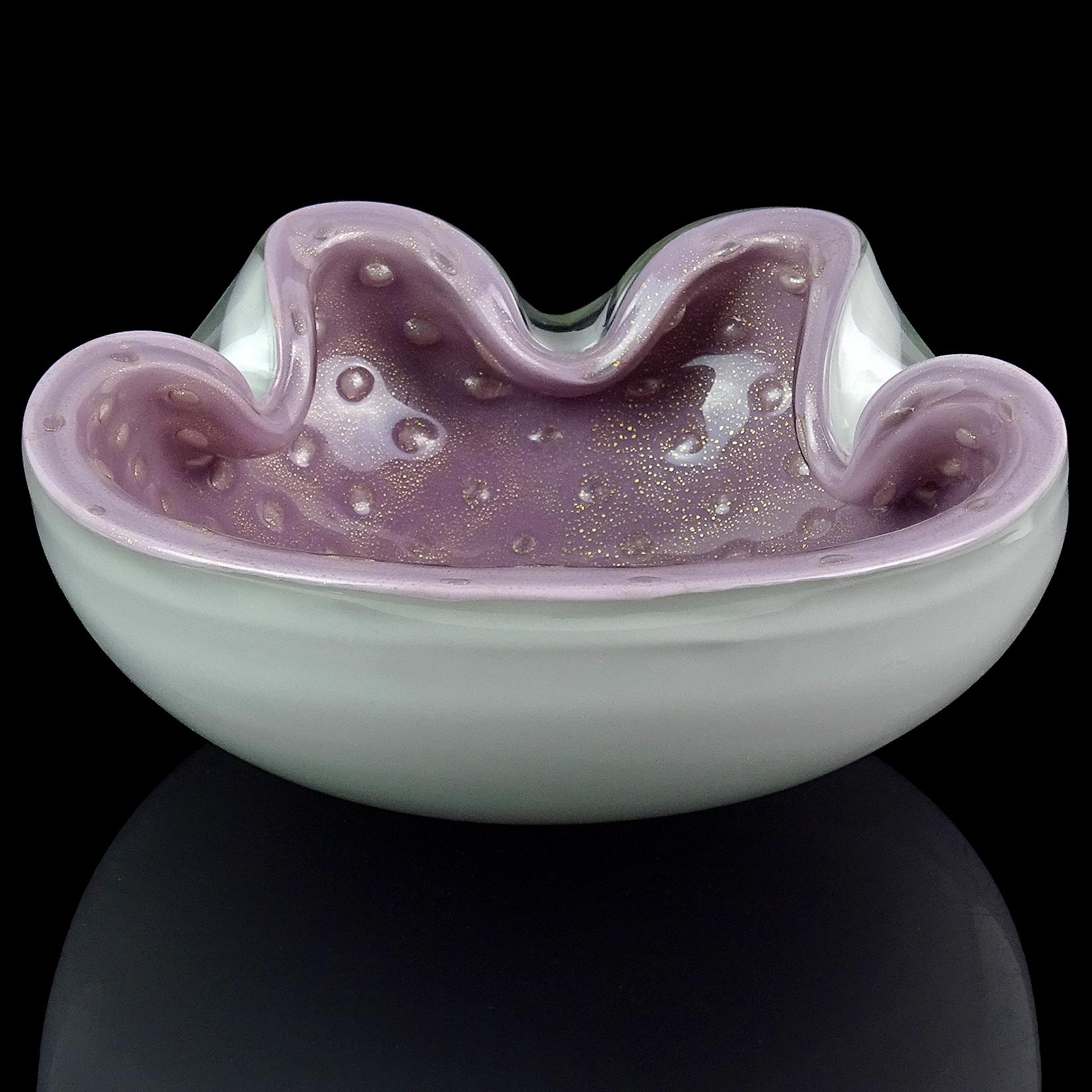 Mid-Century Modern Alfredo Barbini Murano White Purple Gold Flecks Italian Art Glass Bowl Ashtray