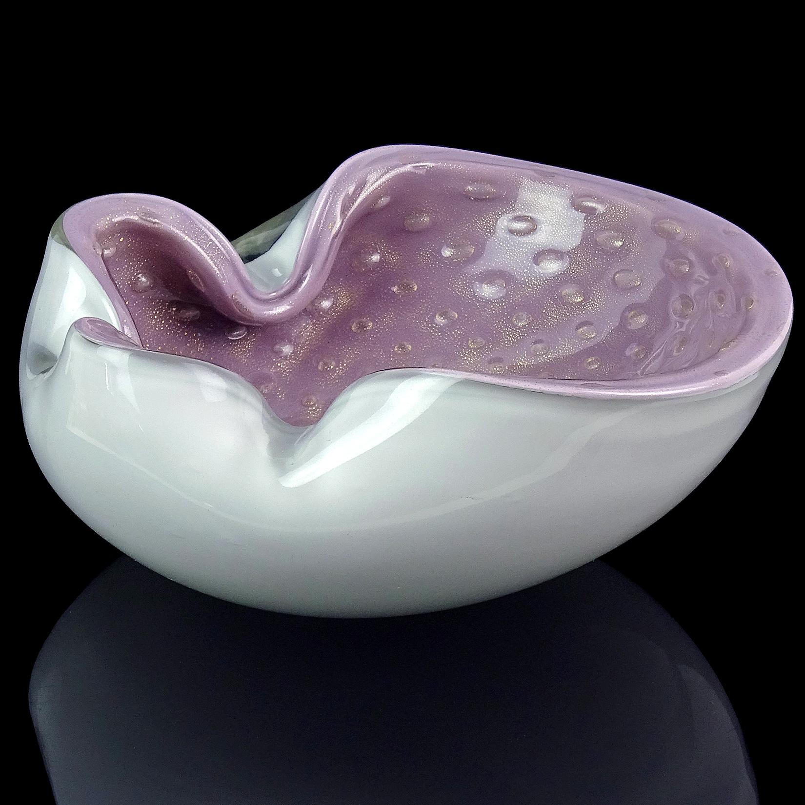 Hand-Crafted Alfredo Barbini Murano White Purple Gold Flecks Italian Art Glass Bowl Ashtray