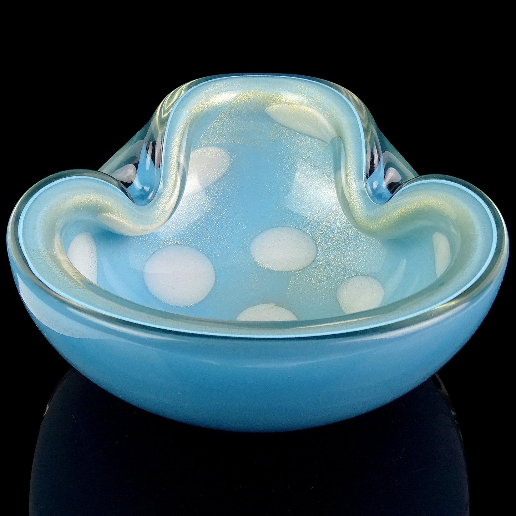 Mid-Century Modern Alfredo Barbini Murano White Spots Blue Gold Flecks Italian Art Glass Bowl Dish