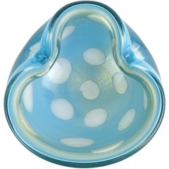 Alfredo Barbini Murano White Spots Blue Gold Flecks Italian Art Glass Bowl Dish
